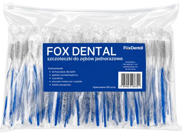 Opakowanie 100 szczoteczek jednorazowych FoxDental w kolorze niebieskim